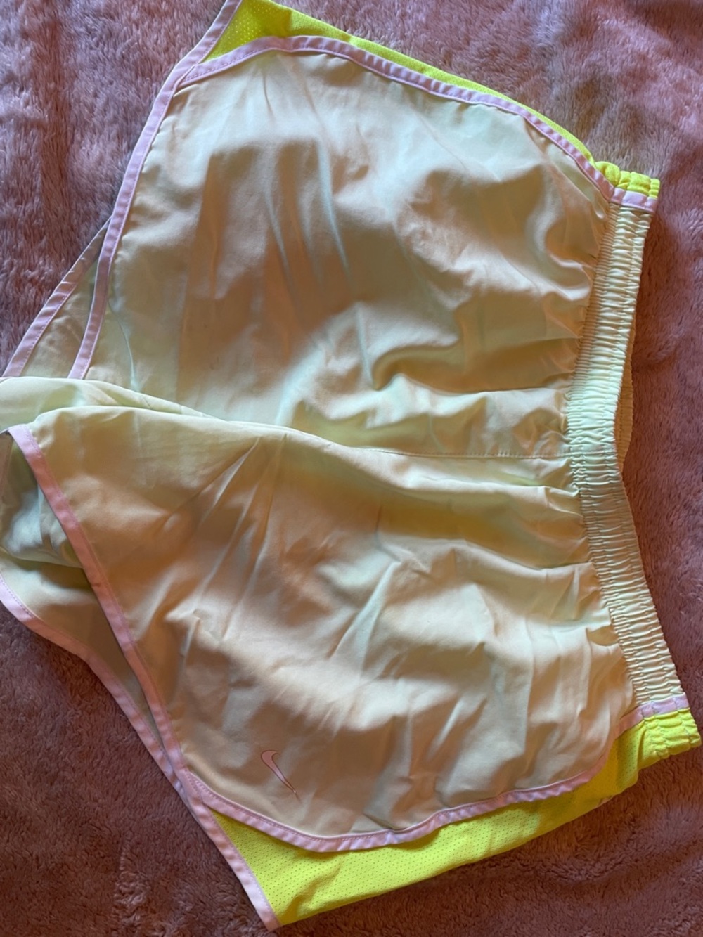 Nike Girls Light Yellow Athletic Shorts with Pink and Neon Yellow Trim